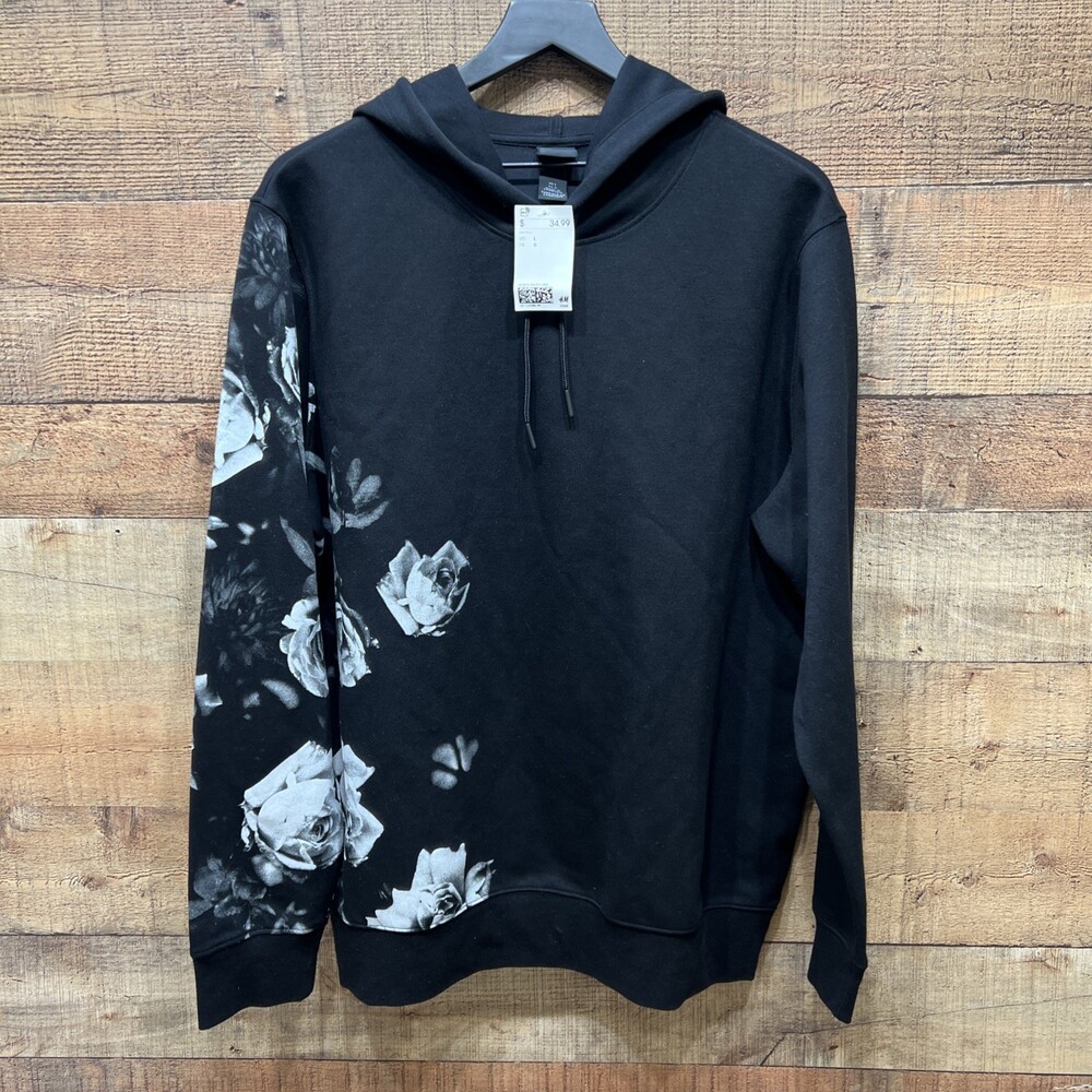 H&M Mens Black/White Floral Hoodie Sweatshirt Size Large NWT!